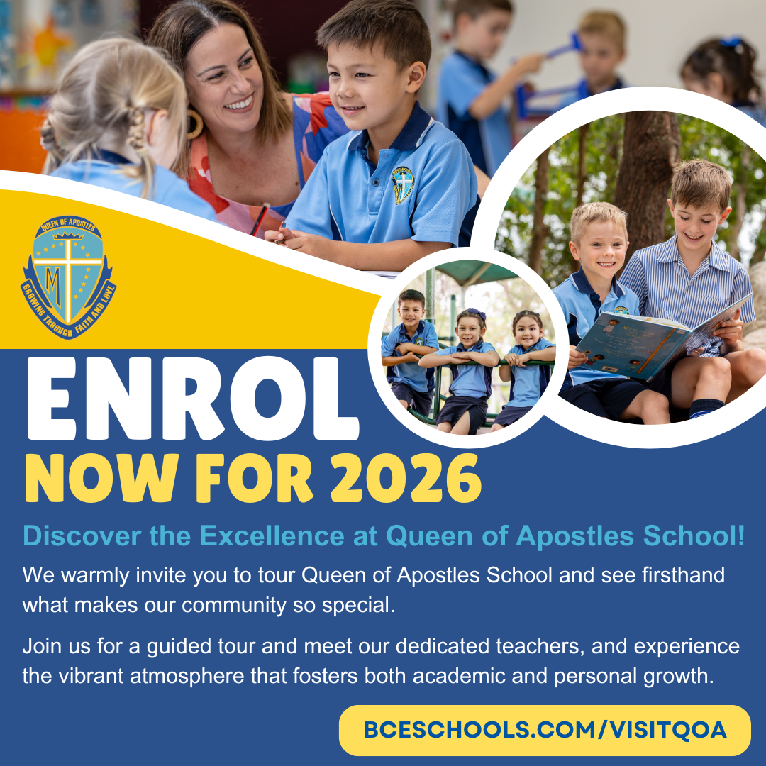 Students learning, reading and exploring together with teacher support, promoting enrolments and the welcoming learning community at Queen of Apostles Primary School
