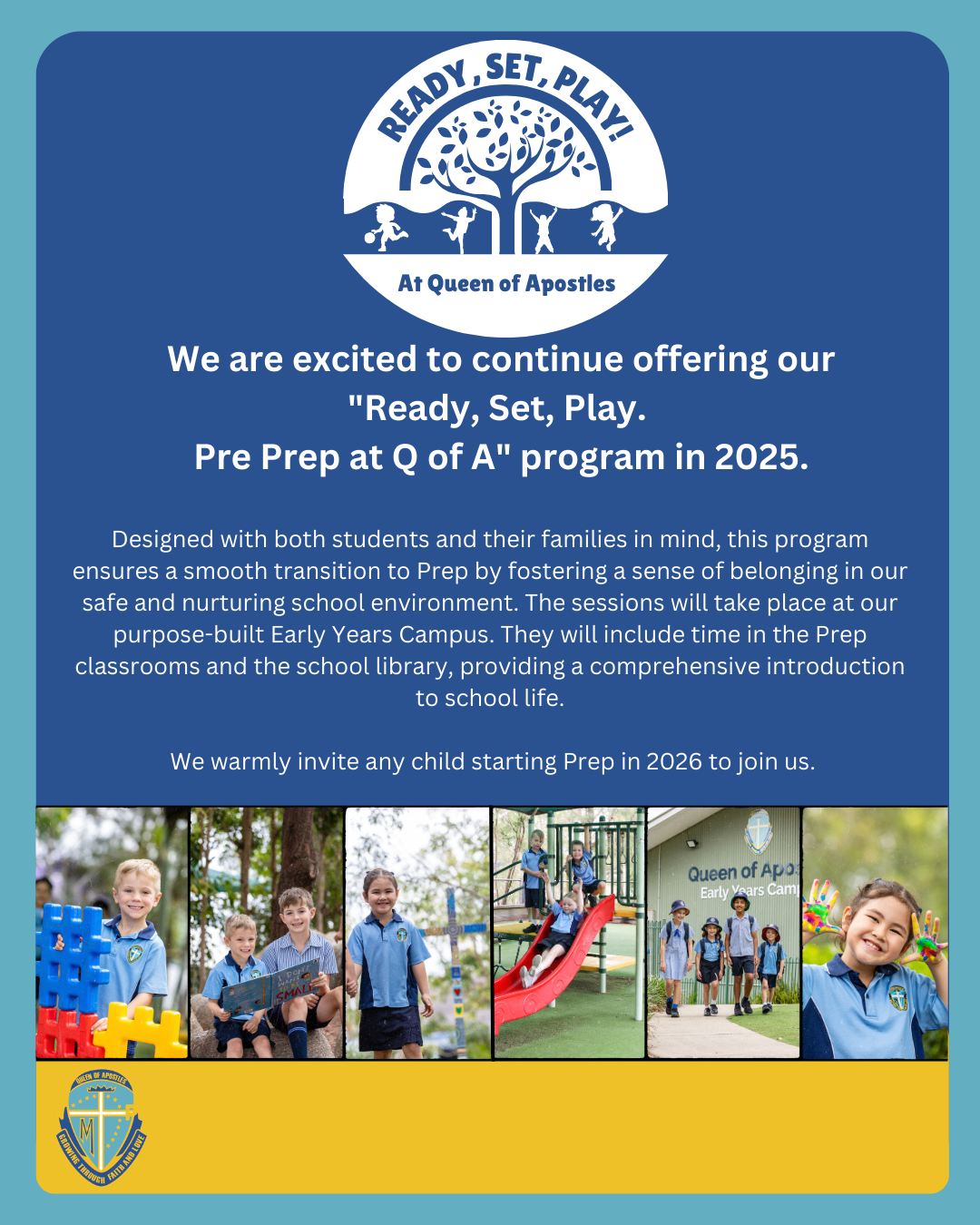 Students participating in learning and play at Queen of Apostles Primary School, promoting the Ready Set Play pre‑prep program and a welcoming transition into school life