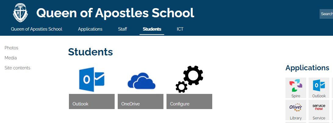 Queen of Apostles School student portal providing access to digital tools and applications for learning and school use