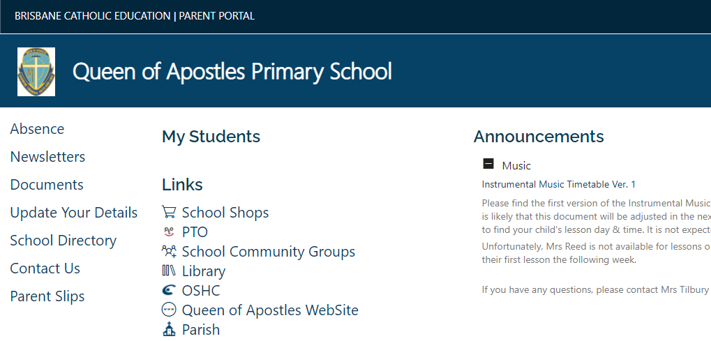 Queen of Apostles Primary School parent portal dashboard providing access to student information, announcements, newsletters and school links